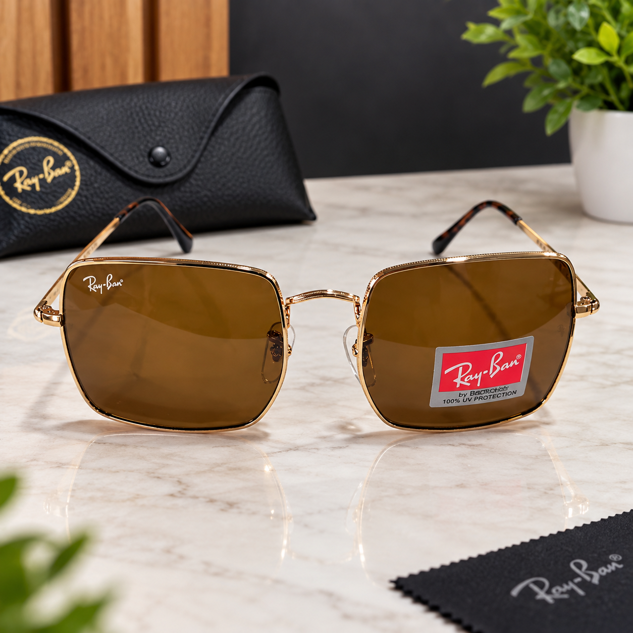 Ray-Ban Gold Frame Brown Lens Sunglasses – Premium Stylish Look