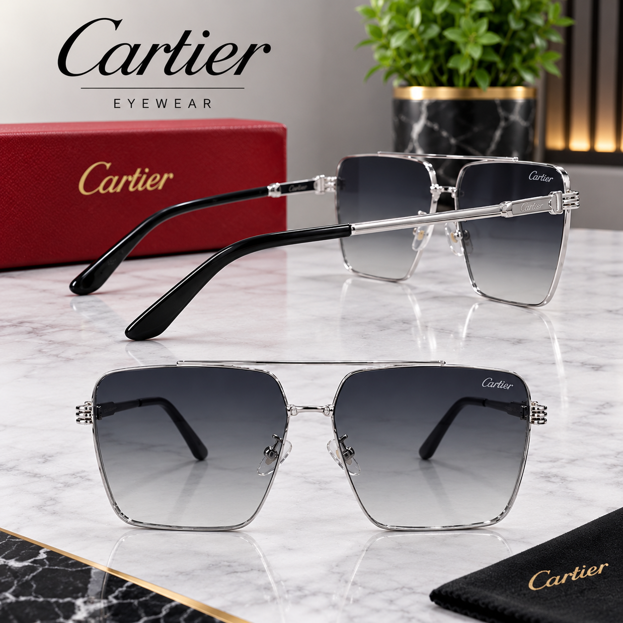 Cartier Silver Men’s Sunglasses – Luxury Square Frame