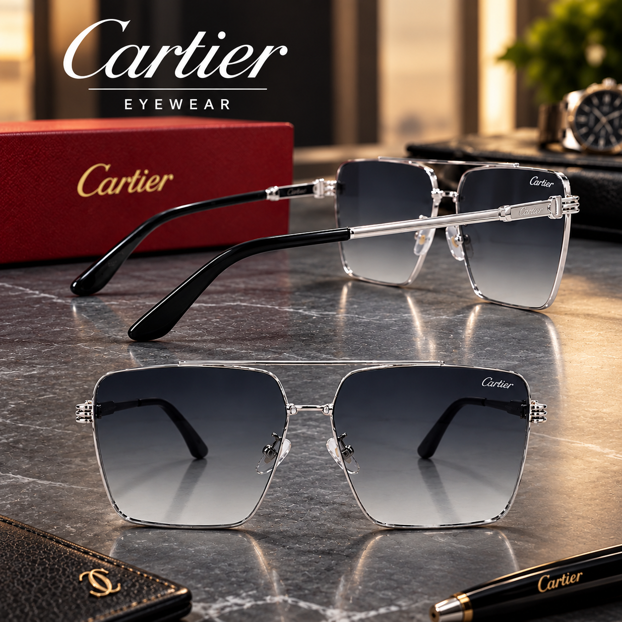 Cartier Silver Men’s Sunglasses – Luxury Square Frame