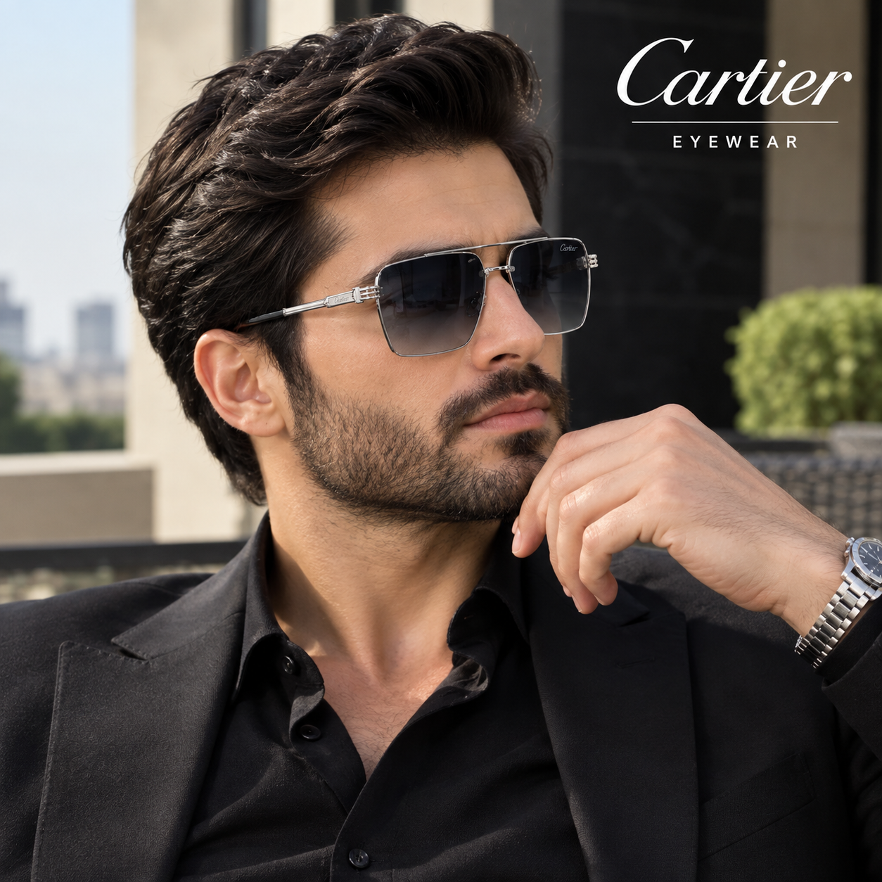 Cartier Silver Men’s Sunglasses – Luxury Square Frame