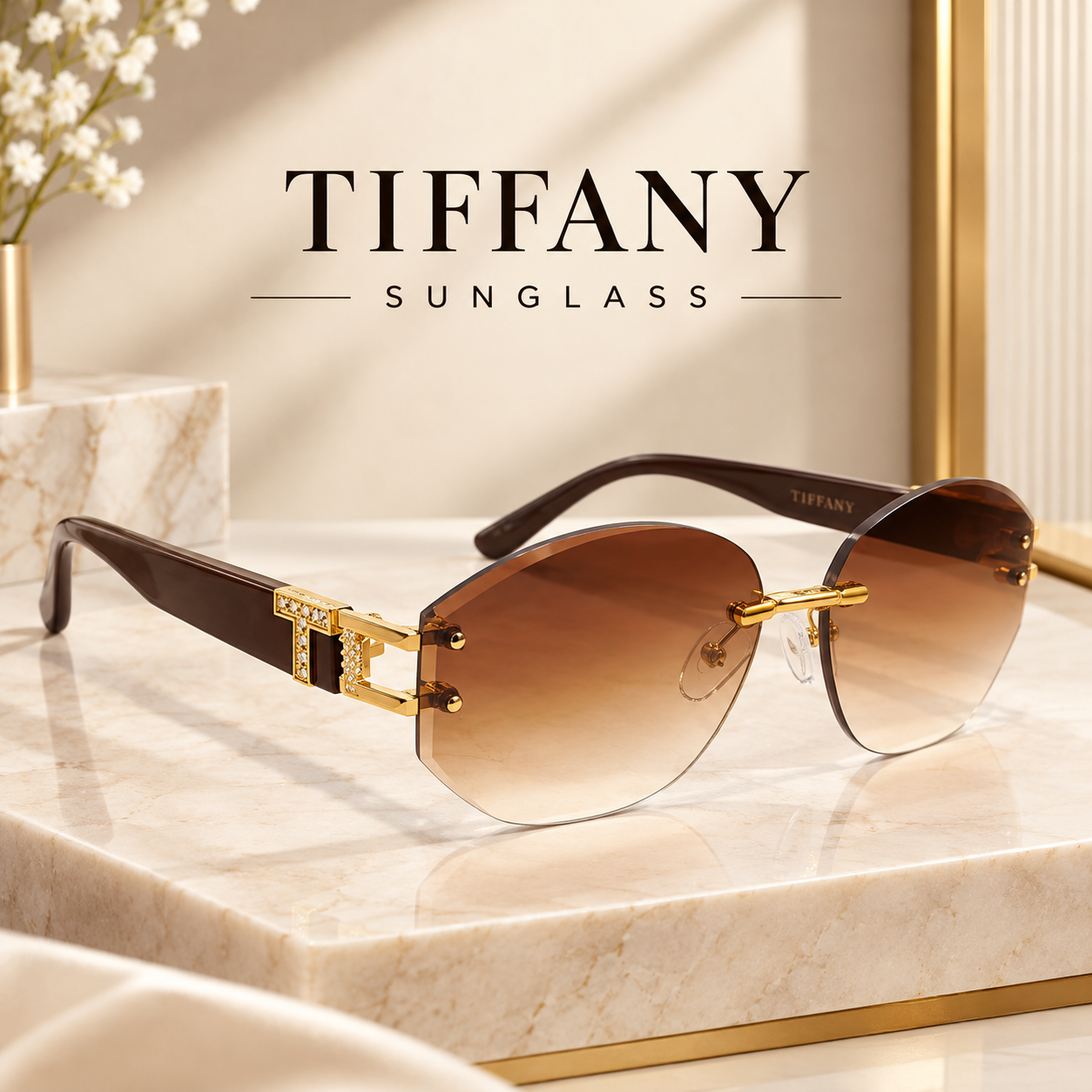 Tiffany Rimless Brown Gradient Sunglasses – Luxury Gold Edition